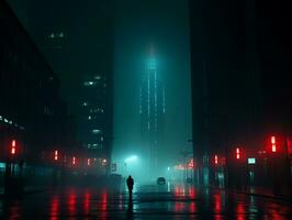 a man is walking down the street at night in a foggy city generative ai photo