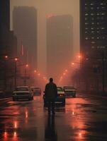 a man is walking down a city street at night generative ai photo