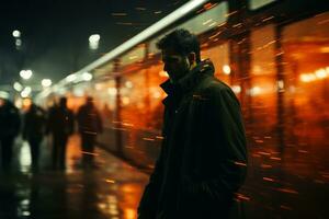 un hombre es caminando abajo un calle a noche generativo ai foto