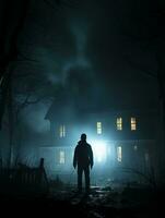 a man standing in front of a house at night generative ai photo