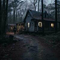 a man standing in front of a cabin in the woods generative ai photo