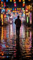 a man is walking down the street at night generative ai photo