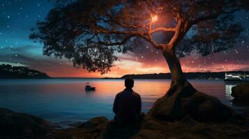 a man sitting under a tree at night by the water generative ai photo