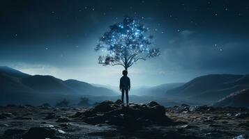 a man standing in front of a tree in the middle of the night generative ai photo