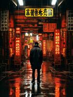 a man standing in the rain in an asian alley generative ai photo