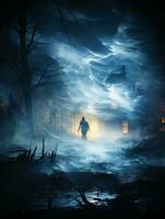 a man walking through a foggy forest at night generative ai photo