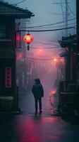 a man walking down a foggy street at night generative ai photo