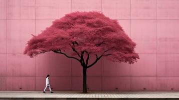a man walks past a pink tree in front of a wall generative ai photo