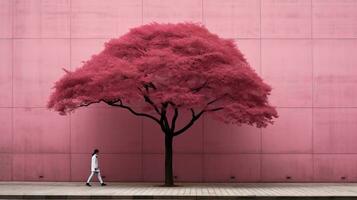 un hombre camina pasado un rosado árbol en frente de un pared generativo ai foto