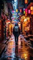 a man walking down an alley with colorful lights generative ai photo