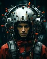 a man wearing a helmet with wires attached to it generative ai photo