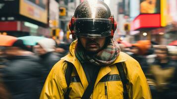 a man wearing a helmet on a busy city street generative ai photo