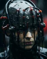 a man wearing a helmet with wires attached to it generative ai photo