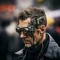 un hombre vistiendo un par de gafas de protección con alambres adjunto a ellos generativo ai foto