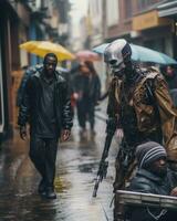 a man walking down the street with a robot in the rain generative ai photo