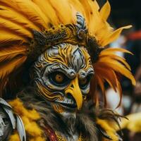 un hombre vistiendo un máscara con amarillo plumas y plumas generativo ai foto