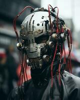 a man wearing a helmet with wires attached to it generative ai photo