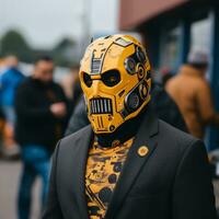 a man wearing a yellow and black suit and a yellow and black mask generative ai photo