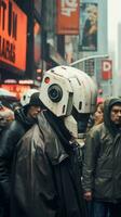 un hombre vistiendo un casco en un ocupado ciudad calle generativo ai foto