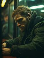 a man with a beard sitting on a train generative ai photo