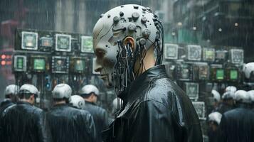 a man wearing a robot head standing in the rain generative ai photo