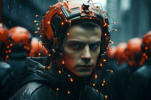 a man wearing an orange helmet in front of a crowd of people generative ai photo