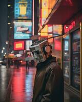 un hombre vistiendo un máscara en un lluvioso noche en nuevo York ciudad generativo ai foto