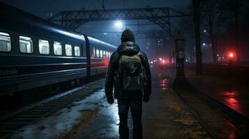 a man with a backpack standing in front of a train at night generative ai photo