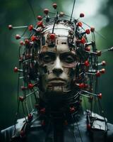 a man with a head full of pins in the woods generative ai photo