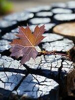 a maple leaf is sitting on top of a piece of wood generative ai photo
