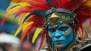 a man with colorful face paint and feathers on his head generative ai photo