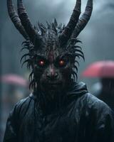 a man with horns and red eyes in the rain generative ai photo