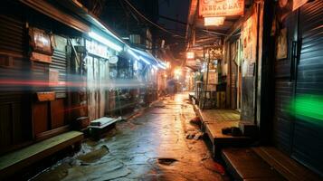 un estrecho callejón a noche con ligero caminos generativo ai foto