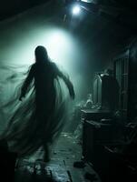 a person in a dark room with a ghostly figure standing in front of them generative ai photo