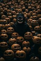 a person in a black hoodie surrounded by pumpkins generative ai photo