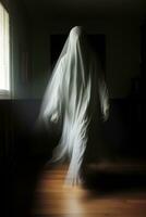 a person in a ghostly white robe is walking through an empty room generative ai photo