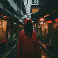 a person in a red raincoat standing in an alley generative ai photo