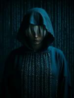 a person in a hoodie standing in front of a black background generative ai photo