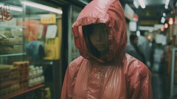 un persona en un rosado impermeable en pie en frente de un Tienda generativo ai foto