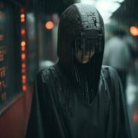 a person in a rain coat standing in the rain generative ai photo