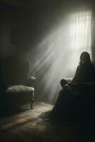 a person sitting in a chair in a dark room generative ai photo