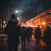 a person standing in front of a bus at night generative ai photo