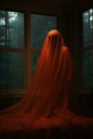 a person sitting in front of a window with a red cloth covering their face generative ai photo
