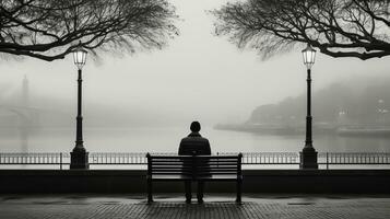 a person sitting on a bench in front of a body of water generative ai photo