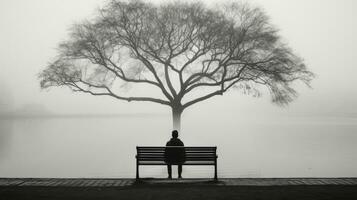 a person sitting on a bench under a tree in the fog generative ai photo