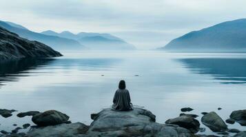 a person sitting on a rock in front of a body of water generative ai photo