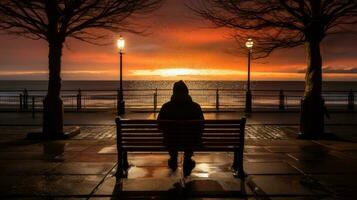 a person sitting on a bench at sunset generative ai photo