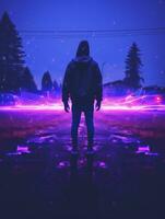 a person standing in the middle of a road with purple lights generative ai photo