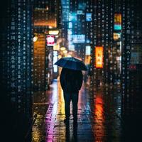 a person standing under an umbrella in an asian city at night generative ai photo