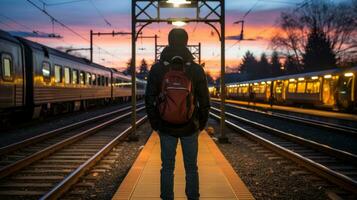 un persona en pie en el plataforma de un tren estación a puesta de sol generativo ai foto